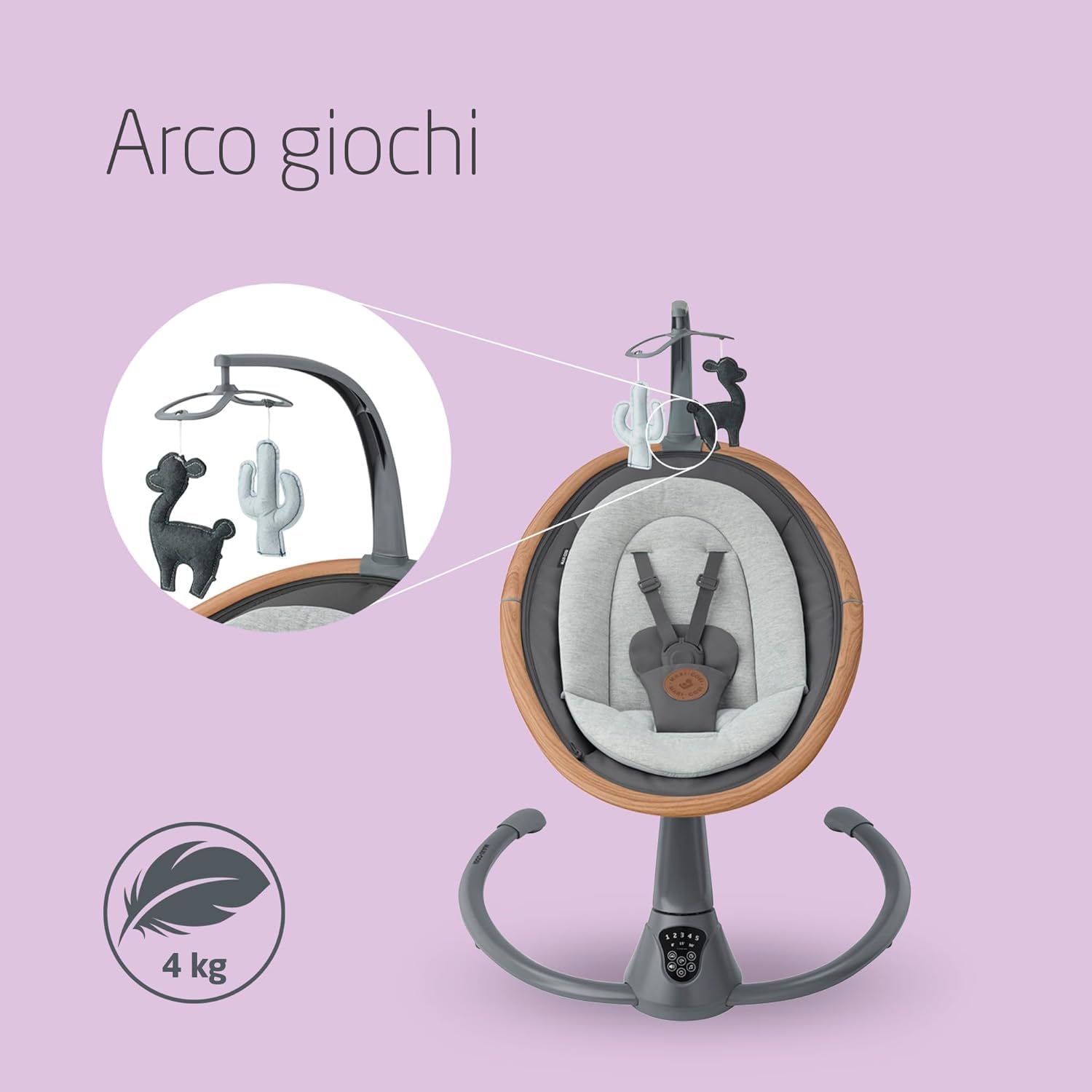 Maxi-Cosi Cassia Sdraietta Neonati Elettrica per Bambini, 0-6 mesi, max 9 kg, Altalena Neonato Girevole 360°, Reclinabile, Rilevamento Automatico Movimento, 5 Velocità, 12 Melodie, Essential Graphite