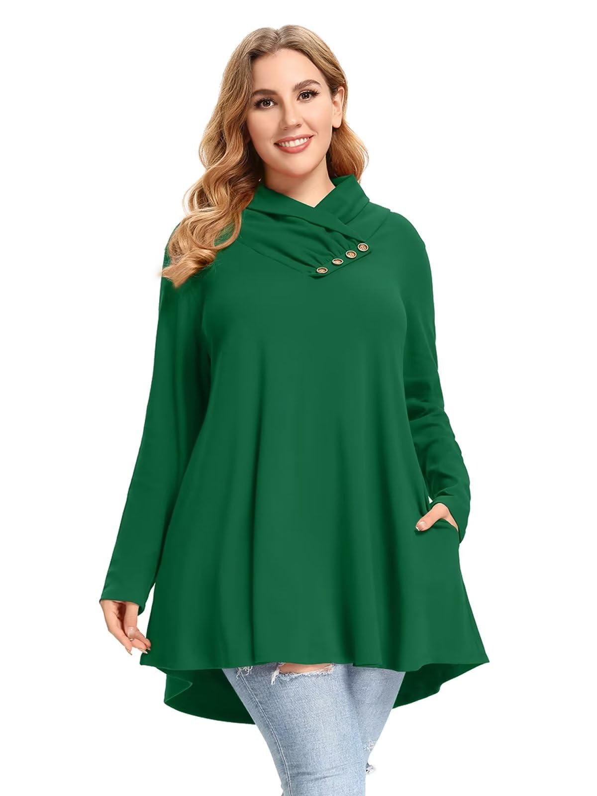 LARACE Cowl Neck Sweatshirts For Women Plus Size Tops With Pockets Long Sleeve Tunic Casual Pullover Button Down Shirt