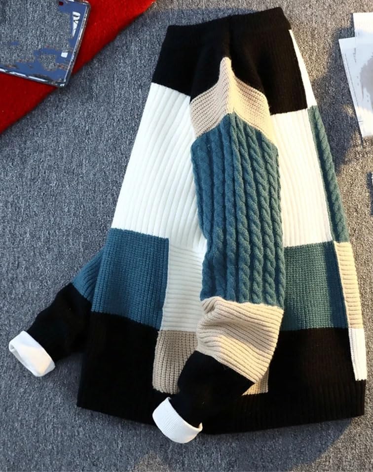 Men's Winter Round Neck Knit Sweater - Fashion Plaid Casual Loose Warm Patchwork Pullover4