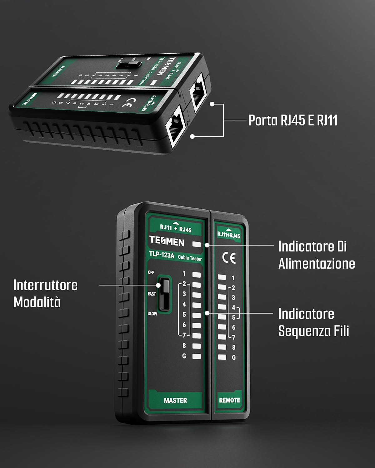TESMEN TLP-123A Tester per cavi di rete RJ11 RJ45, strumento per cavi Ethernet CAT5/CAT5E/CAT6/CAT6A/CAT7/UTP&STP, test di continuità LAN e TEL, adatto per la manutenzione dei cavi - Verde