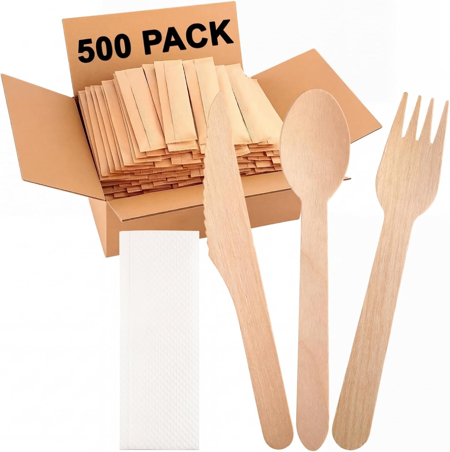 LemonRoad 2000 Pcs Wooden Cutlery Set Bulk Disposable Individually Wrapped Each Pack Includes Fork Spoon Knife and Napkin Compostable Utensils for Travel Party School Take Outs Camping