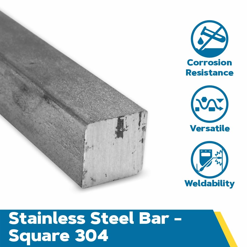 304 Stainless Steel Square Bar, Cold Finish, Annealed, 0.375" Height, 36" Length, OnlineMetals
