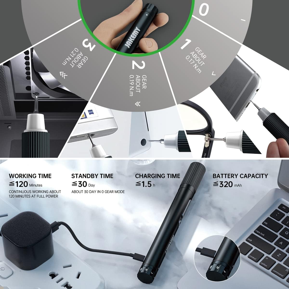JAKEMY Mini Elektro Schraubendreher E21-A Set Einstellbares 3 Drehmoment Akku Feinmechaniker Elektrischer Schraubendreher mit LED-Lichter USB Typ-C Aufladung für PC, Laptop, Brillen, Uhren, Kamera