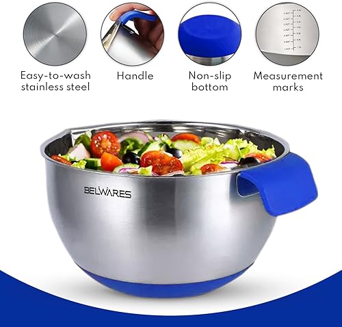 Miniatura 4 de Belwares Juego de cuencos para mezclar con tapas, cuencos anidables con ralladores, asa, boquilla para verter y tapas herméticas, cuenco de mezcla