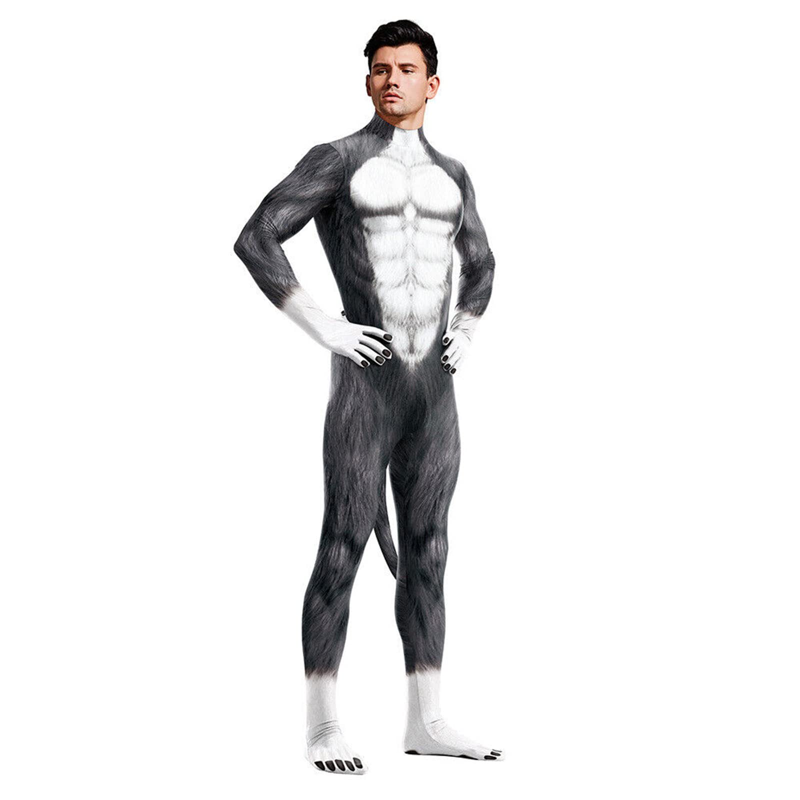 FiveanWolf Costume with Tail,Werewolf Role Play Costume,Fullbody Animal Muscle Jumpsuits Zentai Unitard Party Halloween