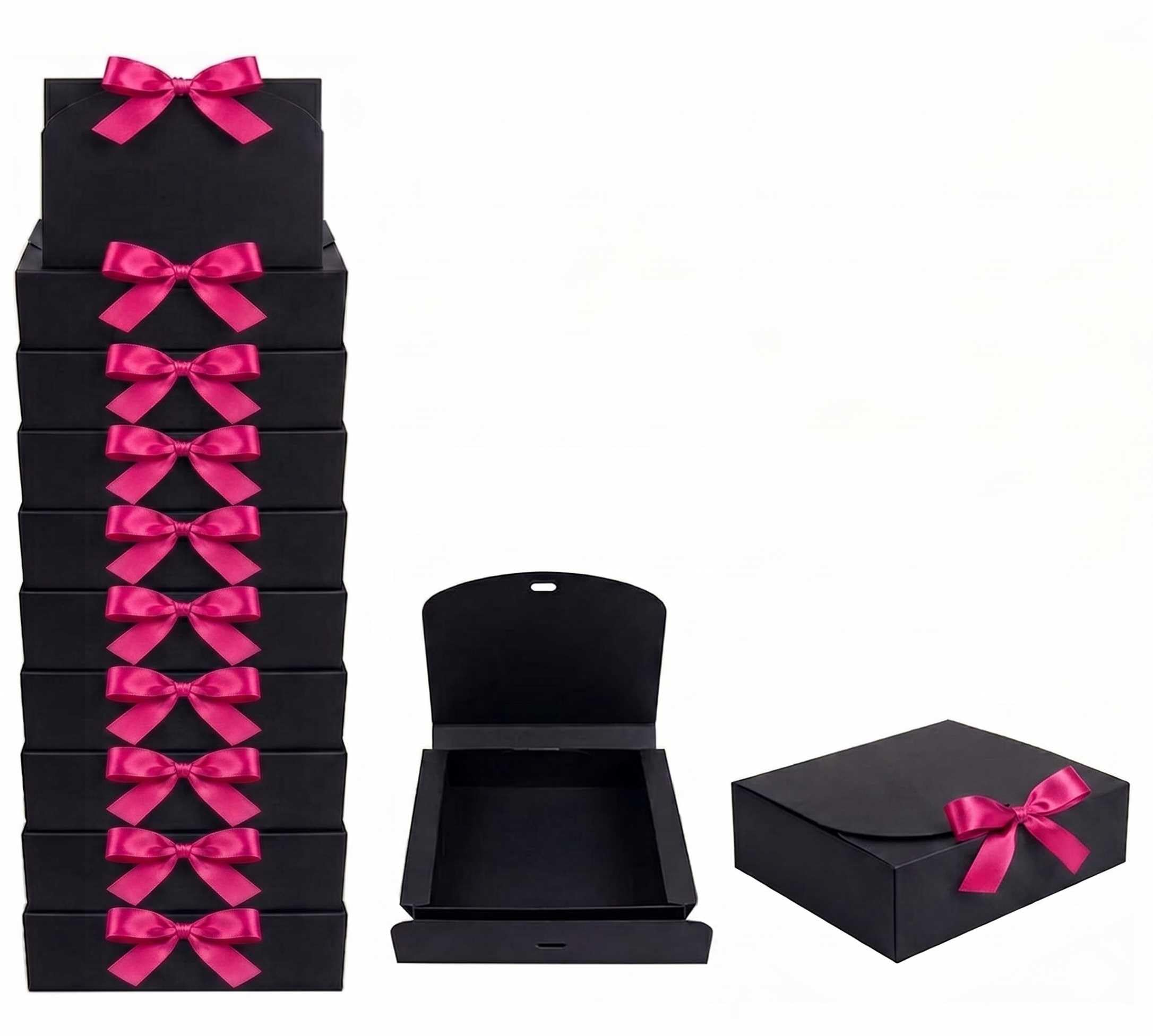 Emartbuy Black Kraft Gift Box with Hot Pink Ribbon – 24 x 19.5 x 7 cm – Fits Perfume, Beauty Sets & Small Gift Hampers – Birthdays Weddings Christmas Corporate Gifting Trade Wholesale – Pack of 12