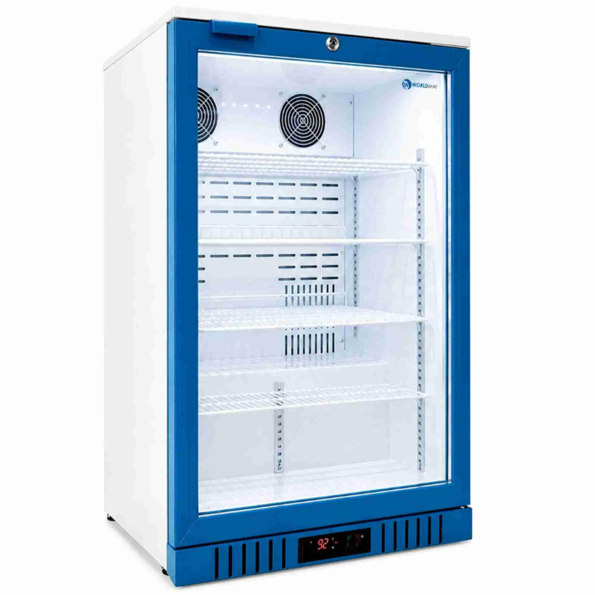 Frigorífico expositor para farmacia con puerta de cristal 133 L y doble ventilación. Armario expositor profesional para medicamentos y productos sanitarios con temperatura uniforme.