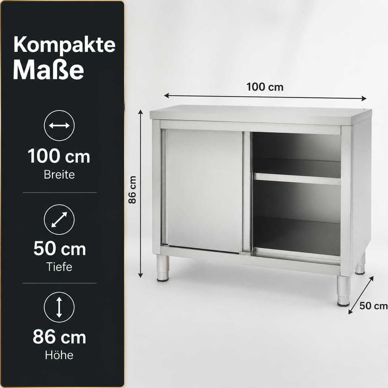 Outdoor Küche Edelstahl, 100x50x86cm Edelstahl Schrank mit Schiebetüren und Arbeitsplatte, 5-20 cm Verstellbare Höhenlagerung Bodenstehend Arbeitsschrank Küchenarbeitstisch für Küche, Garage, Kantinen