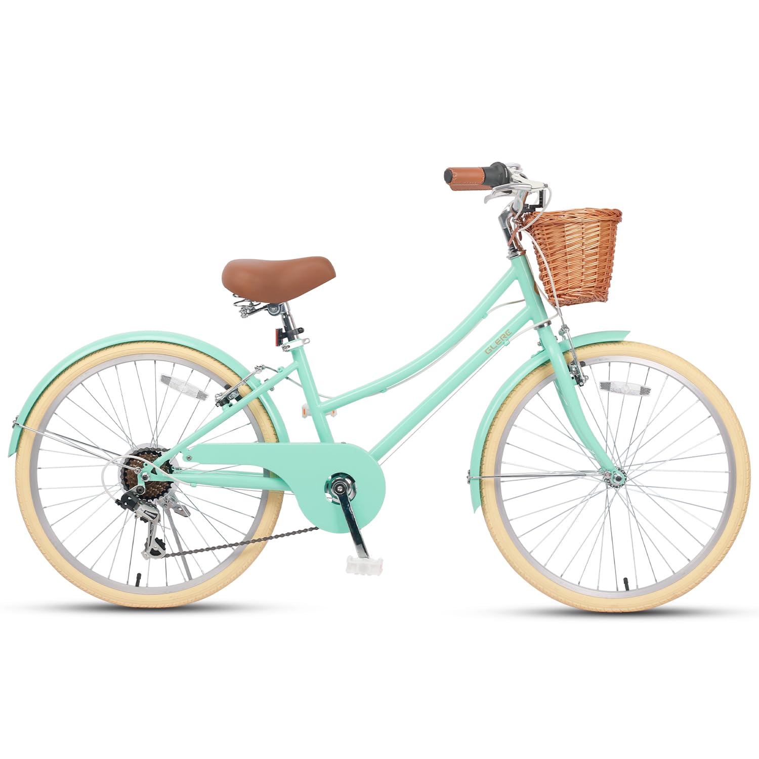 Glerc 20 24 26 Inch Beach Cruiser Bike, 6-Speed Hybrid City Bicycle for Girls Youth and Over 6 Years Old, Missy Bike with Wicker Basket & Lightweight, Multiple Colors