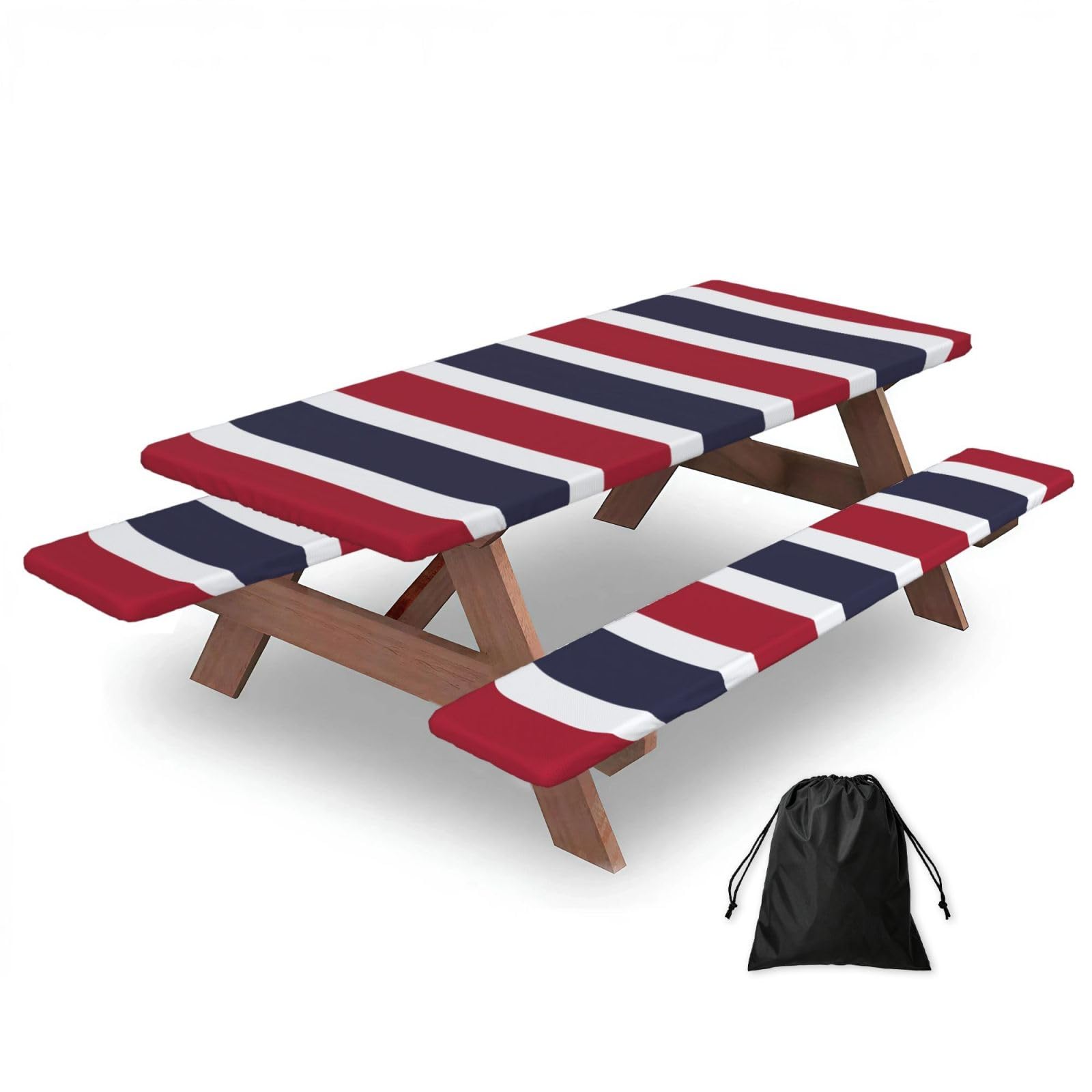 Duwaa Black Thailand Flag Print 183Cm Picnic Table Cover With Bench Covers, Waterproof Elastic Tablecloth Set For Outdoor