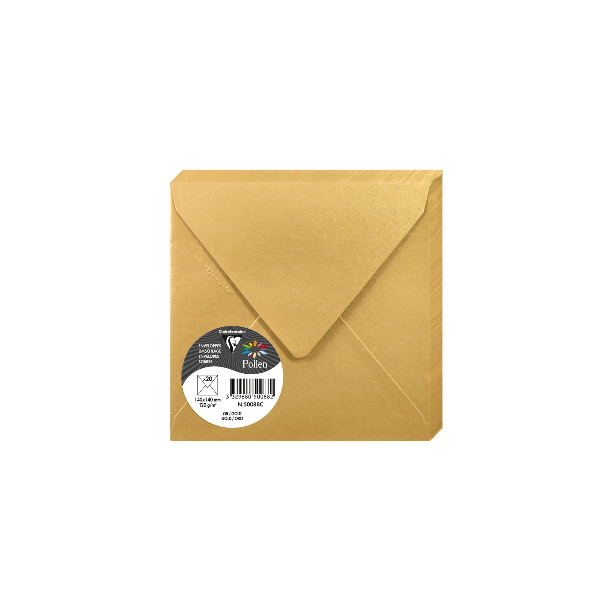 Clairefontaine 50088C - Paquet de 20 Enveloppes Gommées - Format Carré (14x14cm) - 120g/​m² - Coloris Or - Invitation Evènements et Correspondance - Gamme Pollen - Papier Premium Lisse