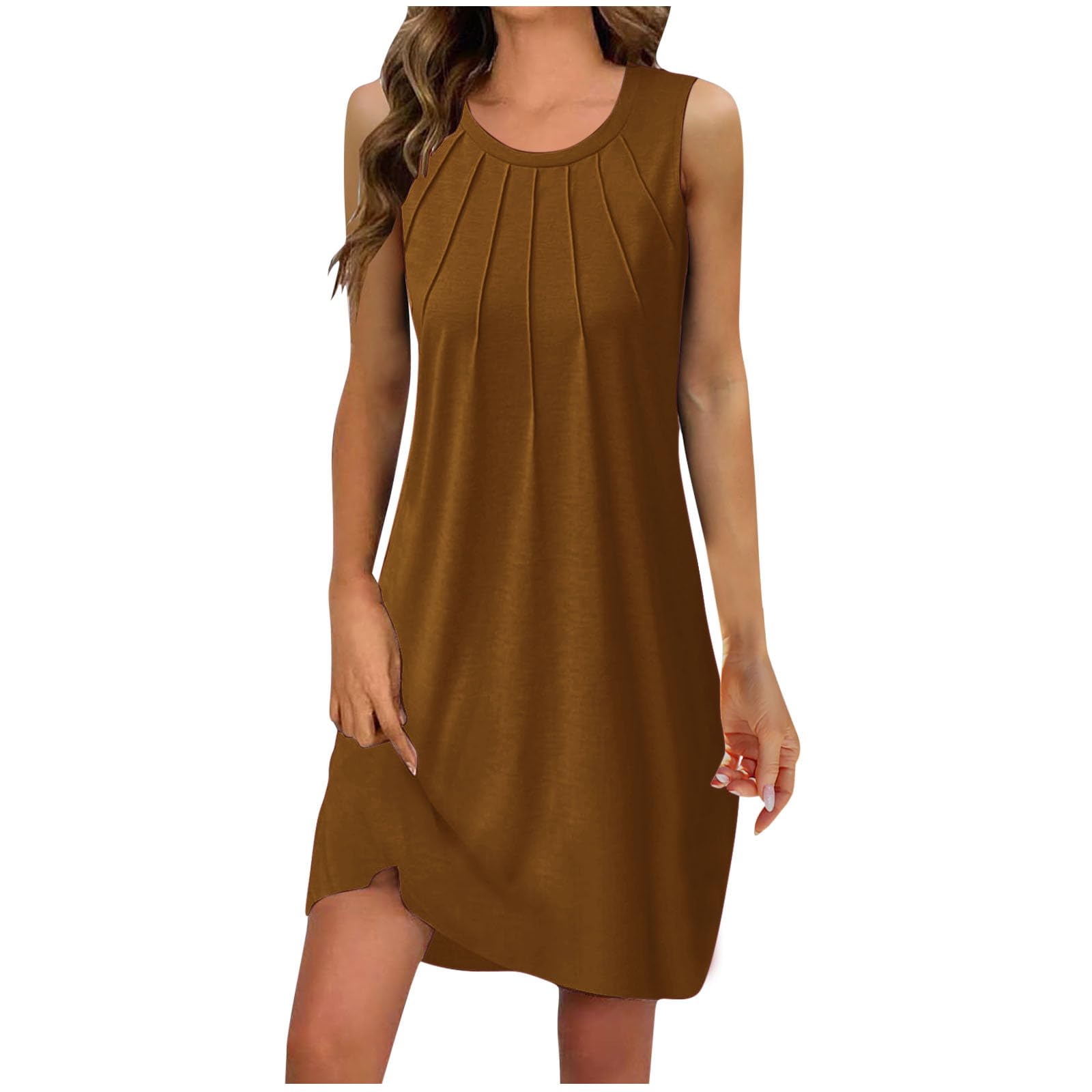 Trendy Dresses for Women 2024 Round Neck Ruched Knee Length Dresses Solid Color Sleeveless Loose Fit Short Dresses