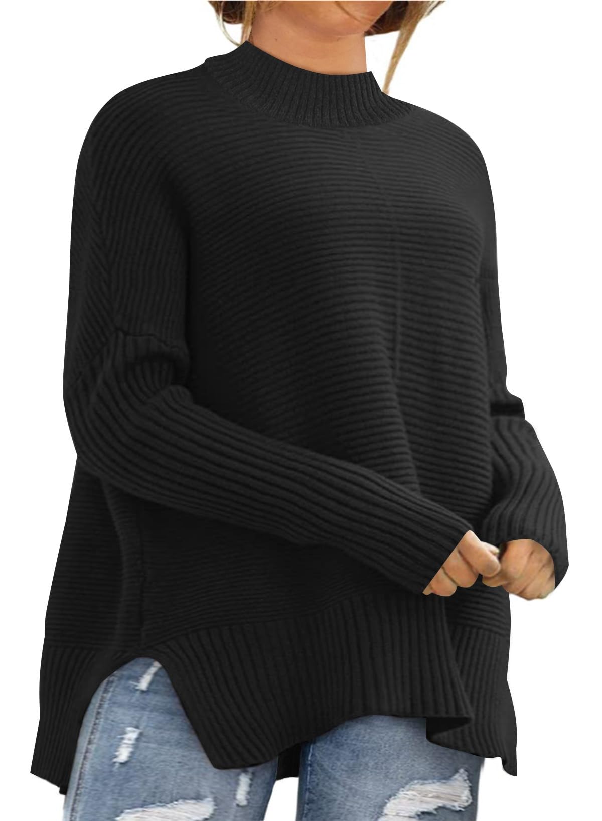 Eytino Womens Plus Size Sweaters Long Sleeve Crew Neck Split Hem Casual Oversized Ribbed Knit Tunic Pullover Tops(1X-5X)