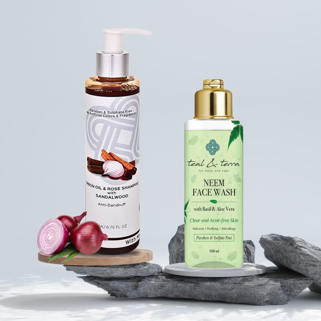 Teal and Terra Face & Haircare Delight Combo: Natural Anti-Pimple Neem Face Wash (100ml), Onion Oil & Rose Shampoo with Sandalwood | Anti-Dandruff & Hair Growth Formula (200ml)-image-39