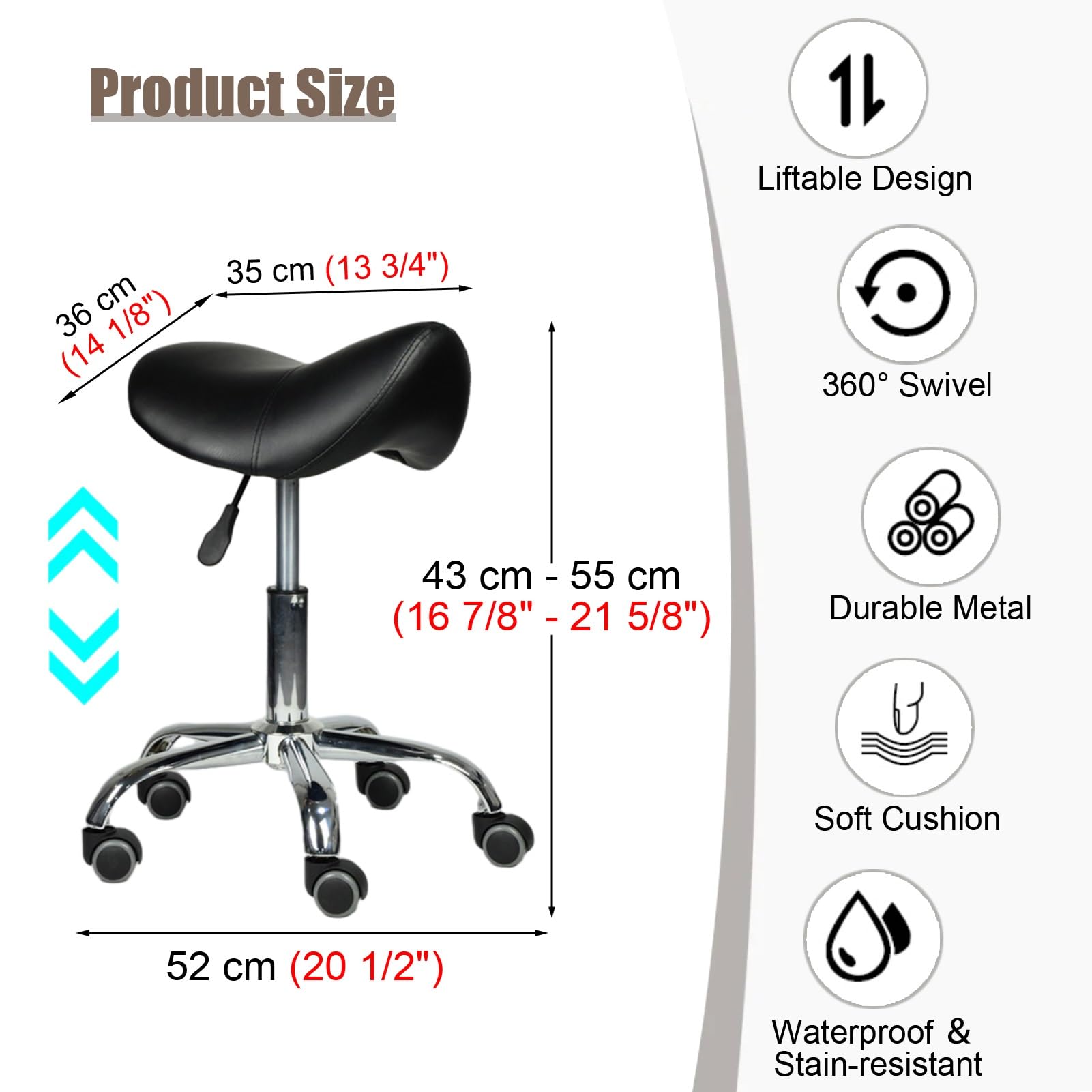 Taboret zabiegowy, (ergonomiczny stołek siodłowy do siedzącego trybu życia, czarne krzesło biurowe z kółkami, krzesło do salonu dla higienistki stomatologicznej/estetyki (kolor: 43-55 cm (17