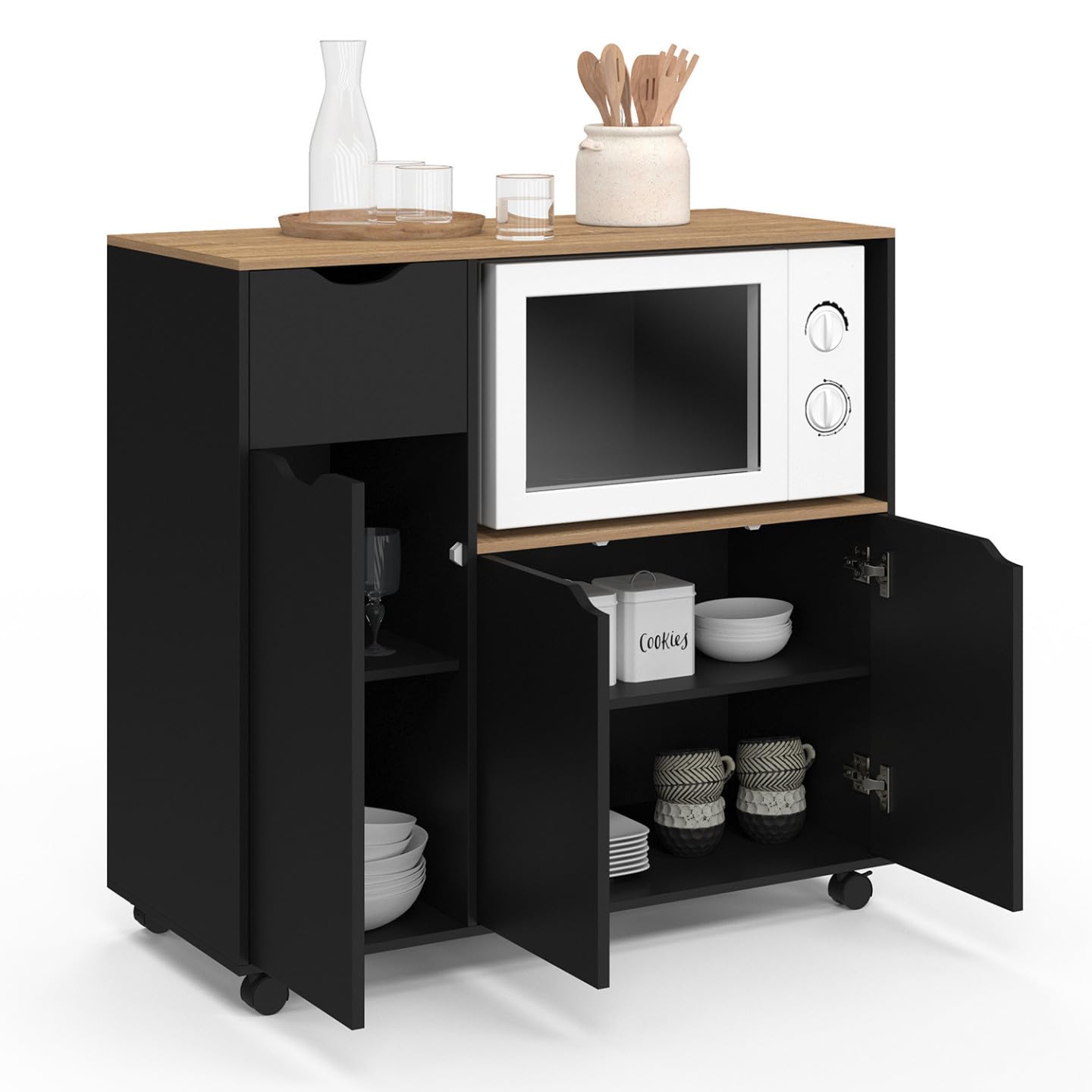 IDMarket COSI XXL - Postre para microondas de cocina (90 cm), diseño de madera negra y bandejas de haya, color negro