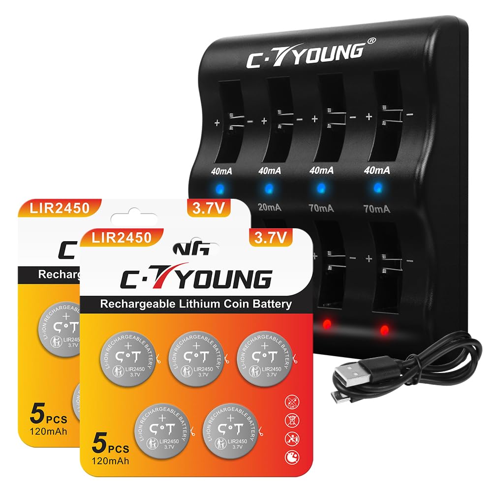 LIR2450 Rechargeable Coin Battery with Charger Slots -2450 Lithium Button  Batteries10 Pack Replacing cr2450 3V