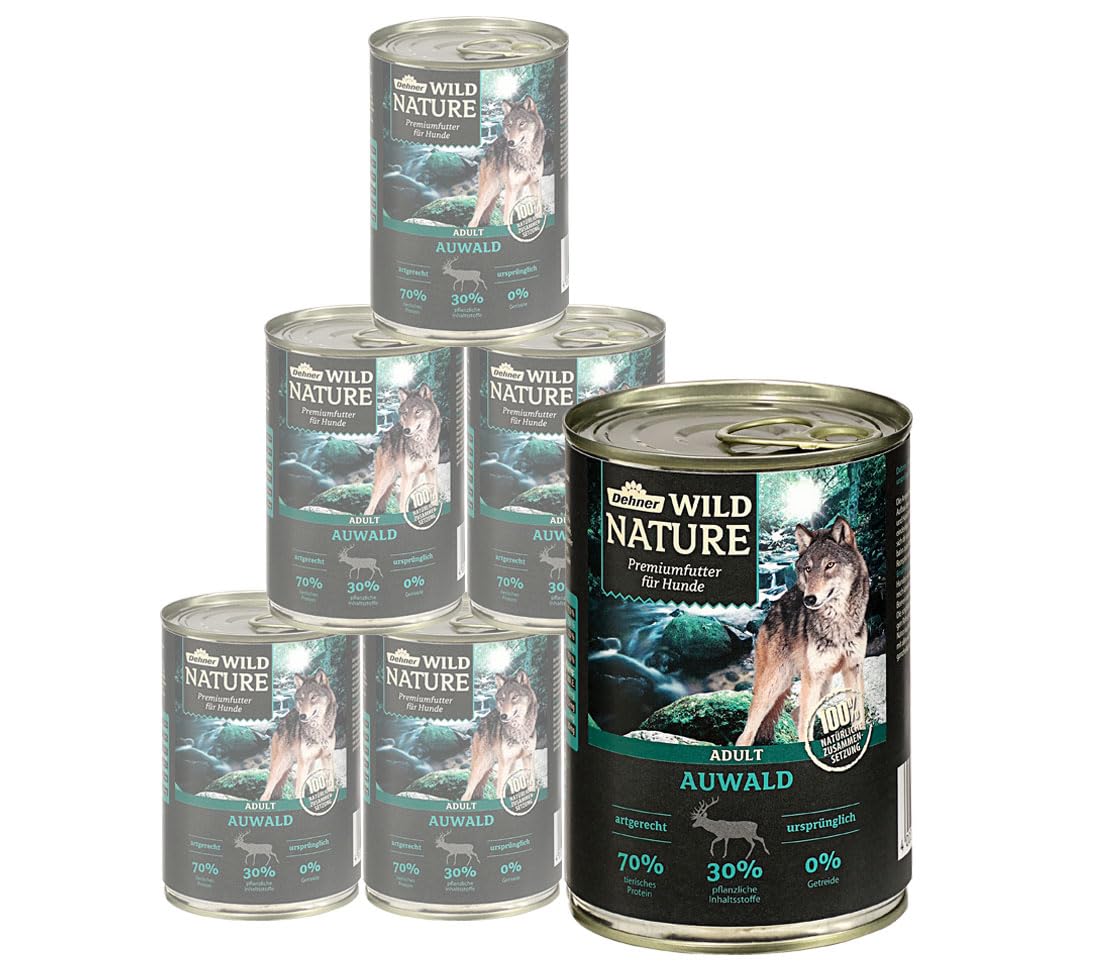 Dehner Wild Nature Auwald, Comida húmeda para Perros, sin Cereales, sin azúcar, para Perros Adultos, Aves de Corral/Caza, 6 latas de 400 g (2,4 kg)