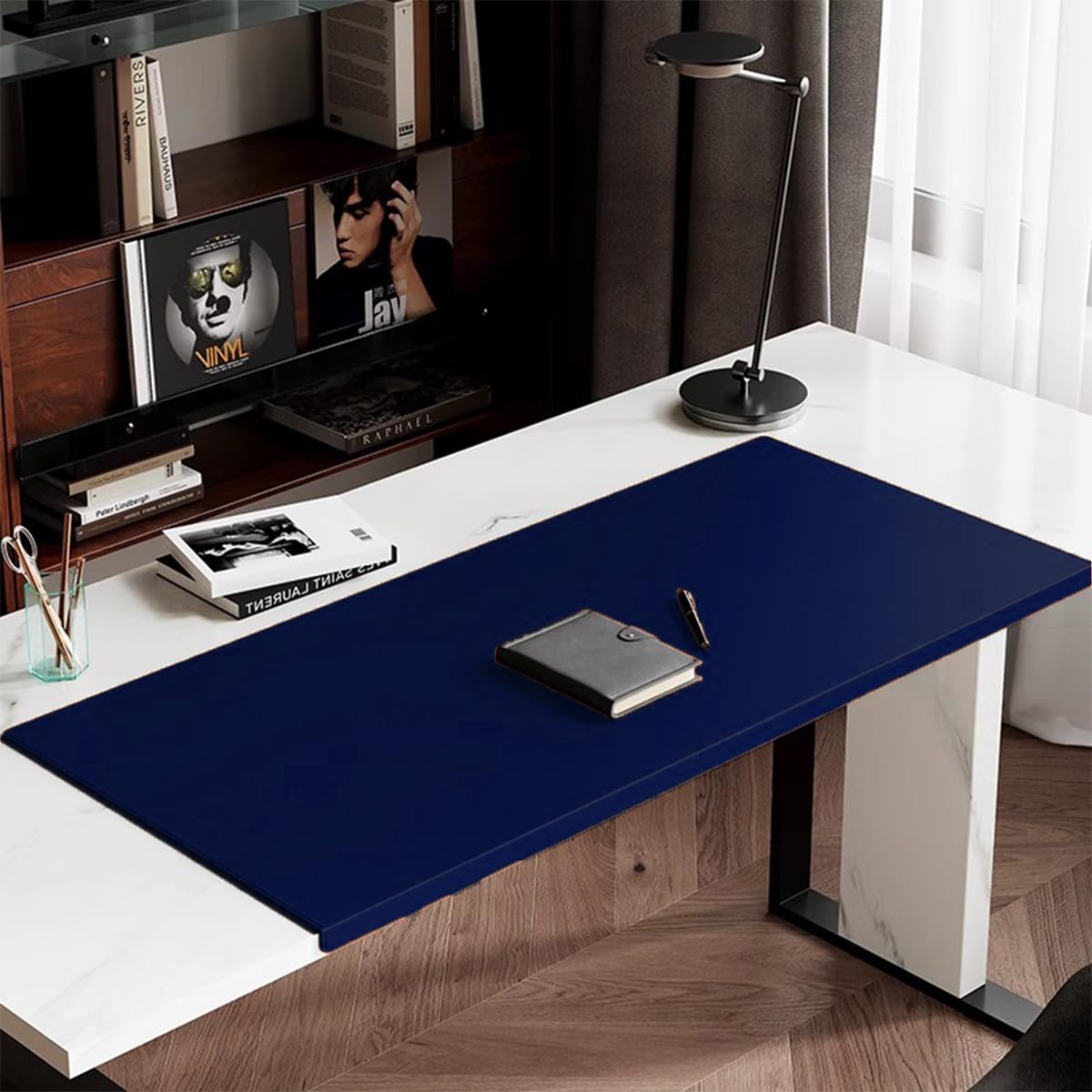 Sewing Edge Table Mat, Large PU Leather Desk Pad with Edge Protector, Non-Slip Waterproof Laptop Mouse Mats for Office Home Decor Work Game Study Typing (Blue,100x50cm)