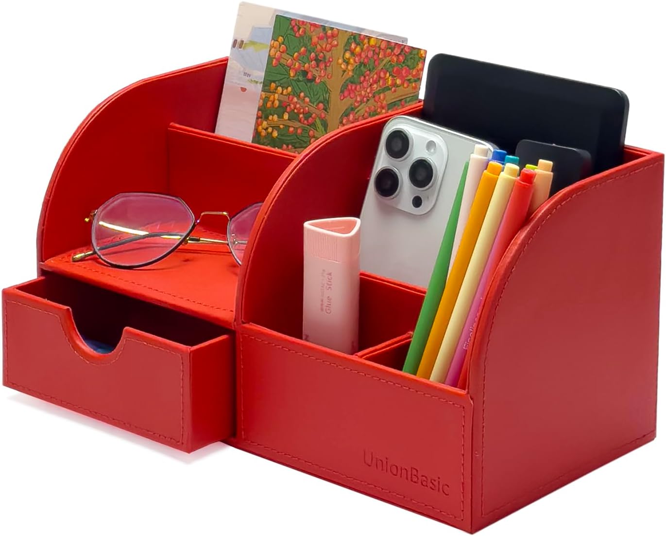 UnionBasic Multifunctional PU Leather Office Desk Organizer Business Card/Pen/Pencil/Mobile Phone/Stationery Holder Storage Box (Red)