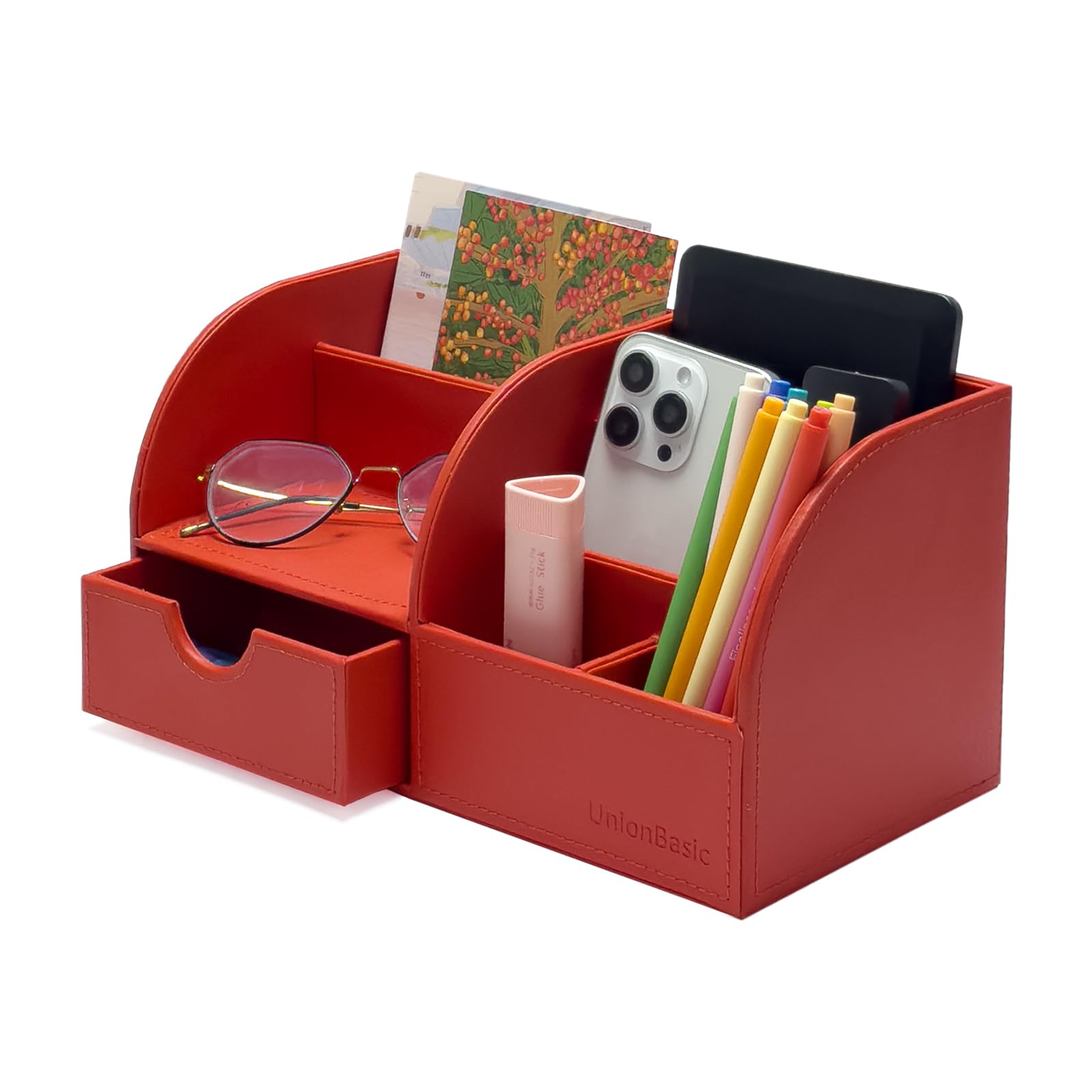 UnionBasic Desk Organizer - Multifunctional Leather Desktop Pen Holder Storage Box - Business Card/Pen/Pencil/Mobile Phone/Stationery Holder, Red