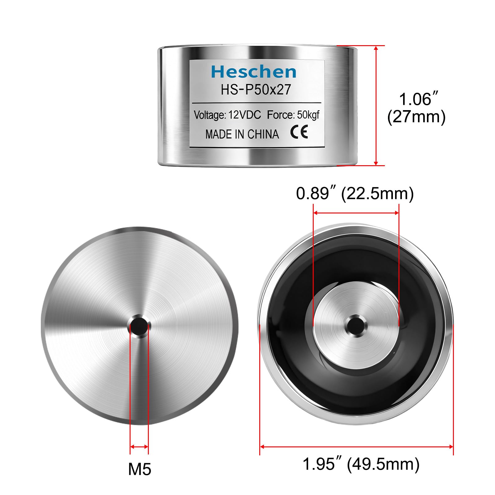 Heschen Électroaimant solénoïde P50/27, 12 V, 50 kg, Argenté, Fer, 50 mm x 50 mm x 27 mm