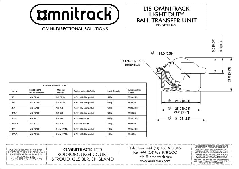 L15SS Push Fit Light Duty Ball Transfer Unit 5/8