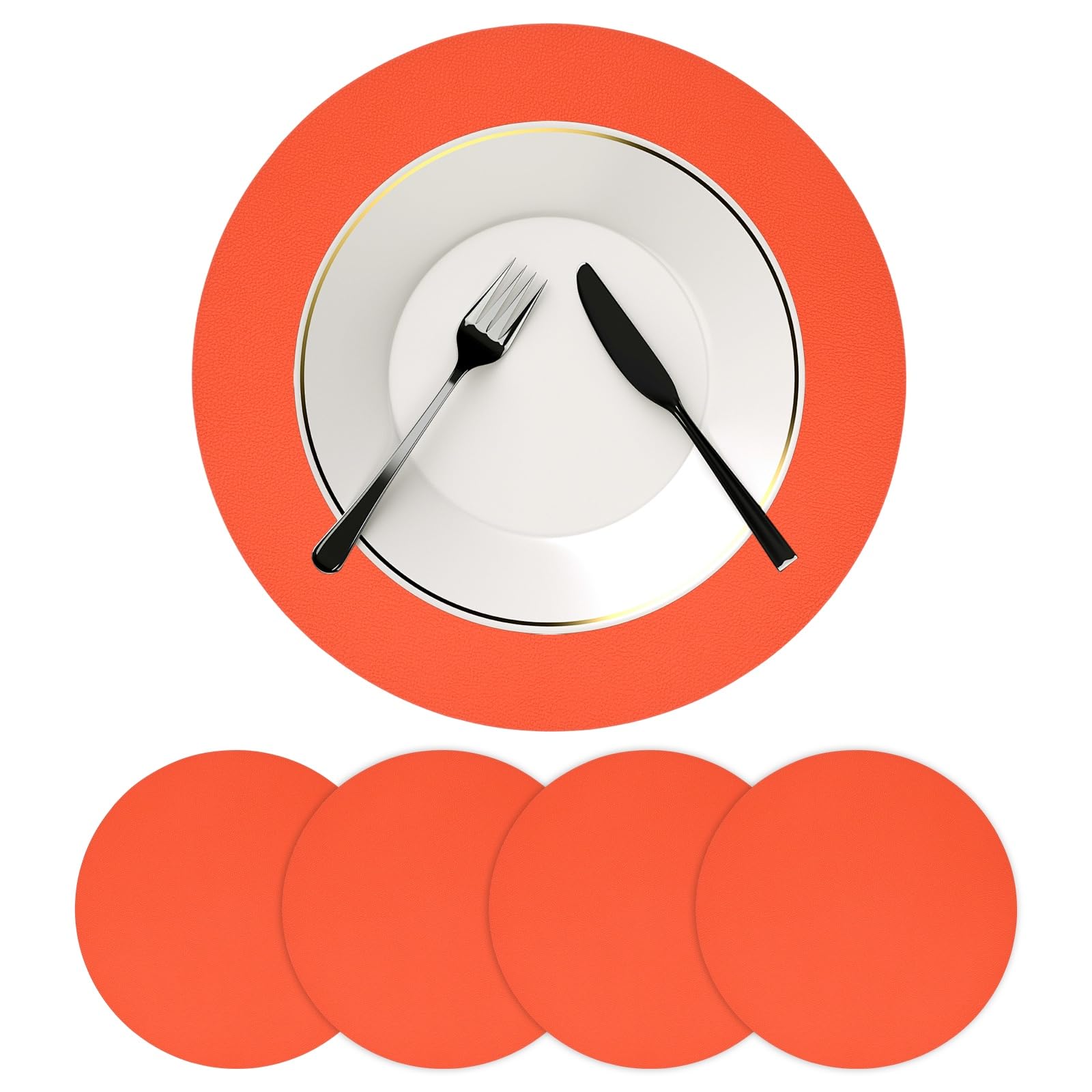 M METERXITY Round Placemats Set of 4, 14 Inch PVC Leather Place Mats Washable Heat Resistant Non-Slip for Dining Table/Kitchen/Party Decoration, Reversible Table Mats [Orange & Light Gray]