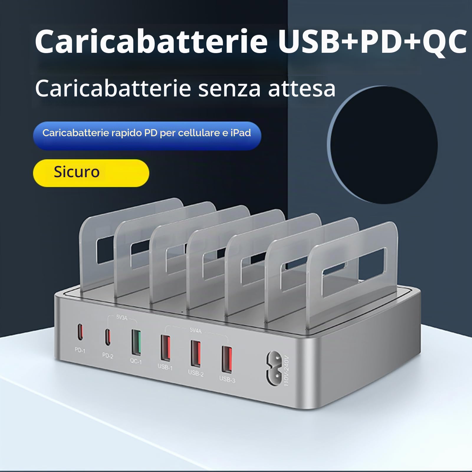 Docooler Stazione di ricarica intelligente da 72 W a 6 porte, docking USB per più dispositivi, compatibile con telefoni cellulari, tablet e altri dispositivi elettronici