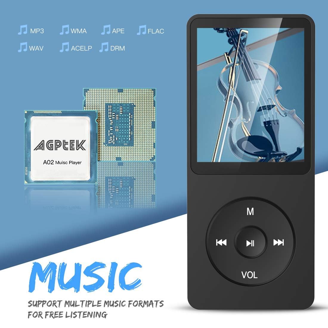 AGPTEK MP3 Player, 16GB verlustfrei MP3 mit 1,8 Zoll Bildschirm, 70 Stunden tragbare Musik Player mit Kopfhörer, FM Radio, Bilder, Aufnahmen, E-Buch, Schwarz