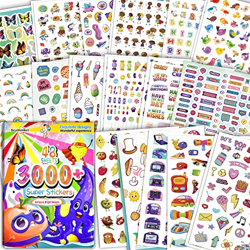 Stickers For Kids, Dcuminkel 1500+ Different Designs ,3000+ Cute Stickers,48 Sheets Super Colorful & Cool Stickers For Kids, Students, Teachers, Adults, Teens. Including Fruits,Animal,Toys,Fish,Cars,Food,Letter,Number Labels And More.great Gift For Toddles,Girls,Teens’s Birthday,Christmas Halloween Or Any Holiday. #TOP7