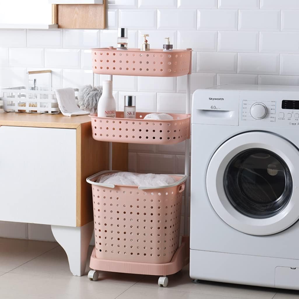3-Tier Mobile Storage Cart,Bathroom Rolling Storage Shelves with Wheels and Removable Laundry Hamper Organizer Basket Standing Shelf Units For Bathroom and Laundry or Narrow Places,Pink