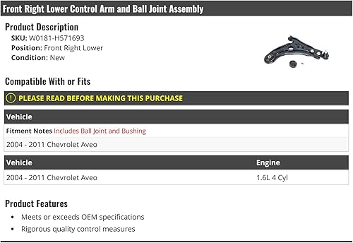 Conjunto de brazo de control inferior delantero derecho del lado del pasajero y junta esférica  Compatible con Chevy Aveo 2004-2011