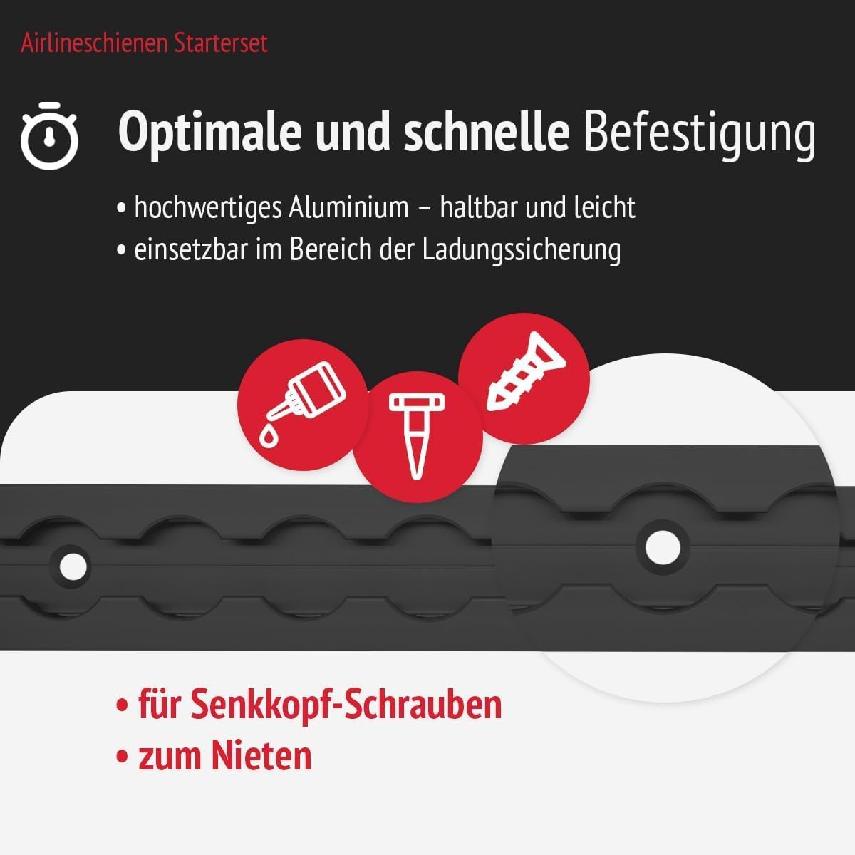 Airlineschienen mit Endkappen und Fittingen, 1.0 m, schwarz KTL-beschichteten, gebohrt, eckig, 34 x 9,6 mm | Zurrschiene | für Transporter, Wohnwagen, Sprinter (Starterset 2.3)