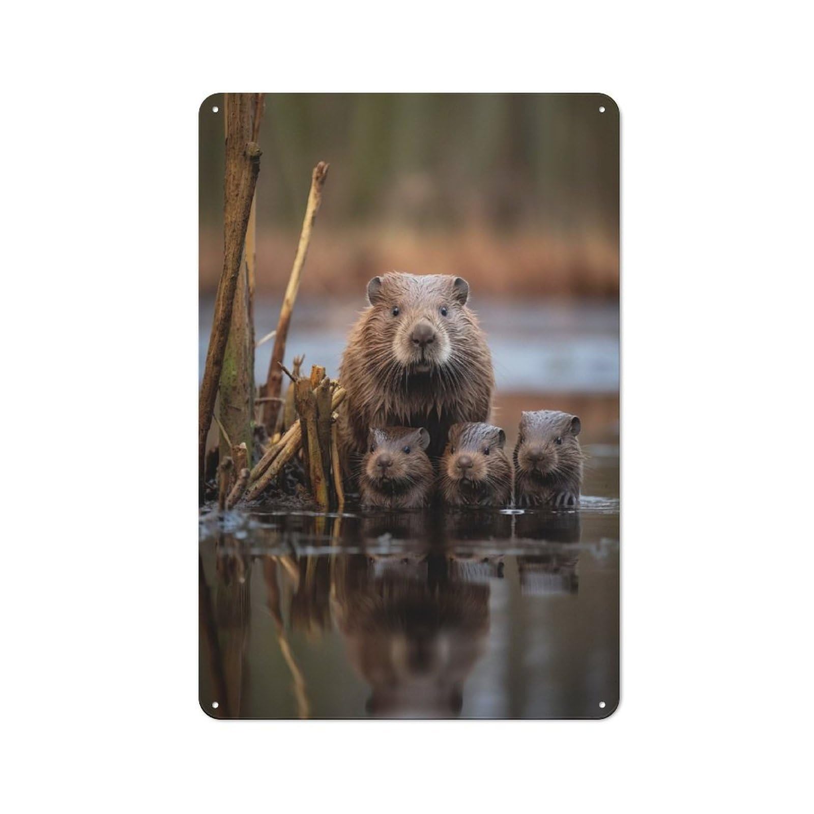 Junmoney Style-1 Metal Wall Sign 30X20cm Featuring Beaver With Kits Photo For Bar Or Restaurant, Gift For Bar Decor Enthusiasts During The Christmas Season