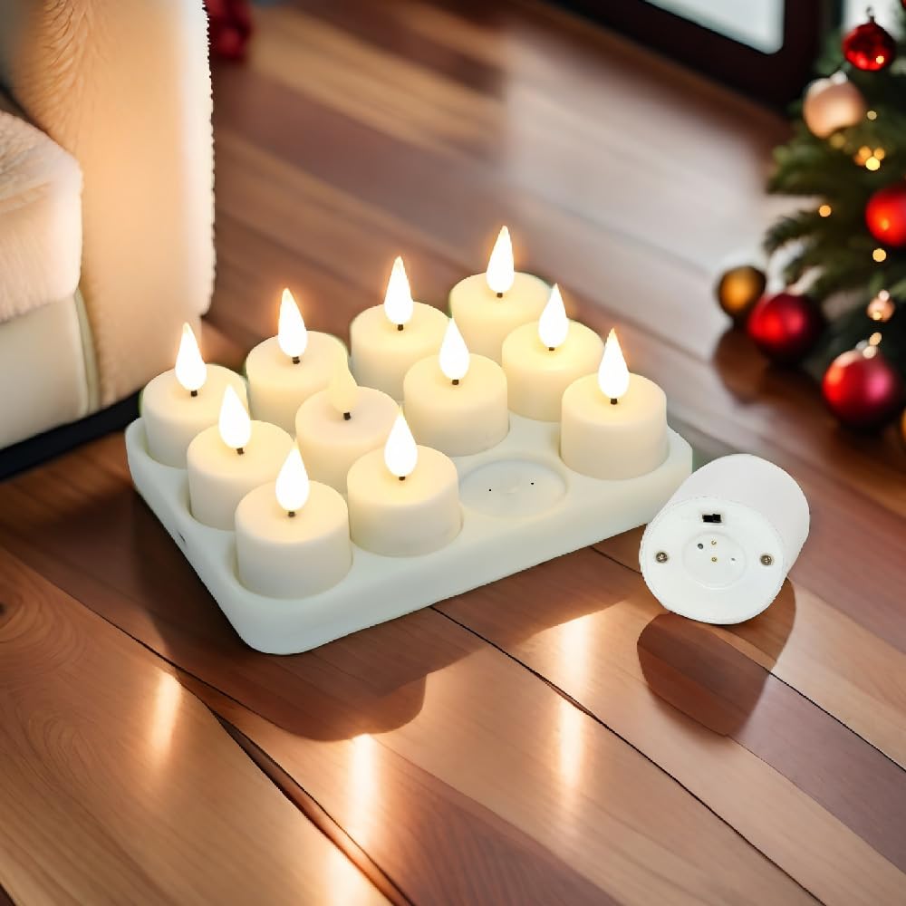 Lumini ricaricabili con telecomando e base di ricarica, 12 candele LED senza fiamma, funzionamento a batteria, candele votive a LED tremolanti con timer per Halloween, Natale, matrimonio