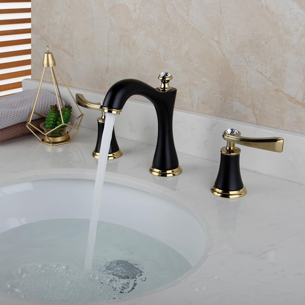 Yl Faucet Extensive Bathroom Faucet, Sink Faucet On Countertop, Solid Brass Gold 3-Hole Bathroom Sink Faucet, Gold Double Handle Black Faucet, Faucet with Hot and Cold Mixing Function