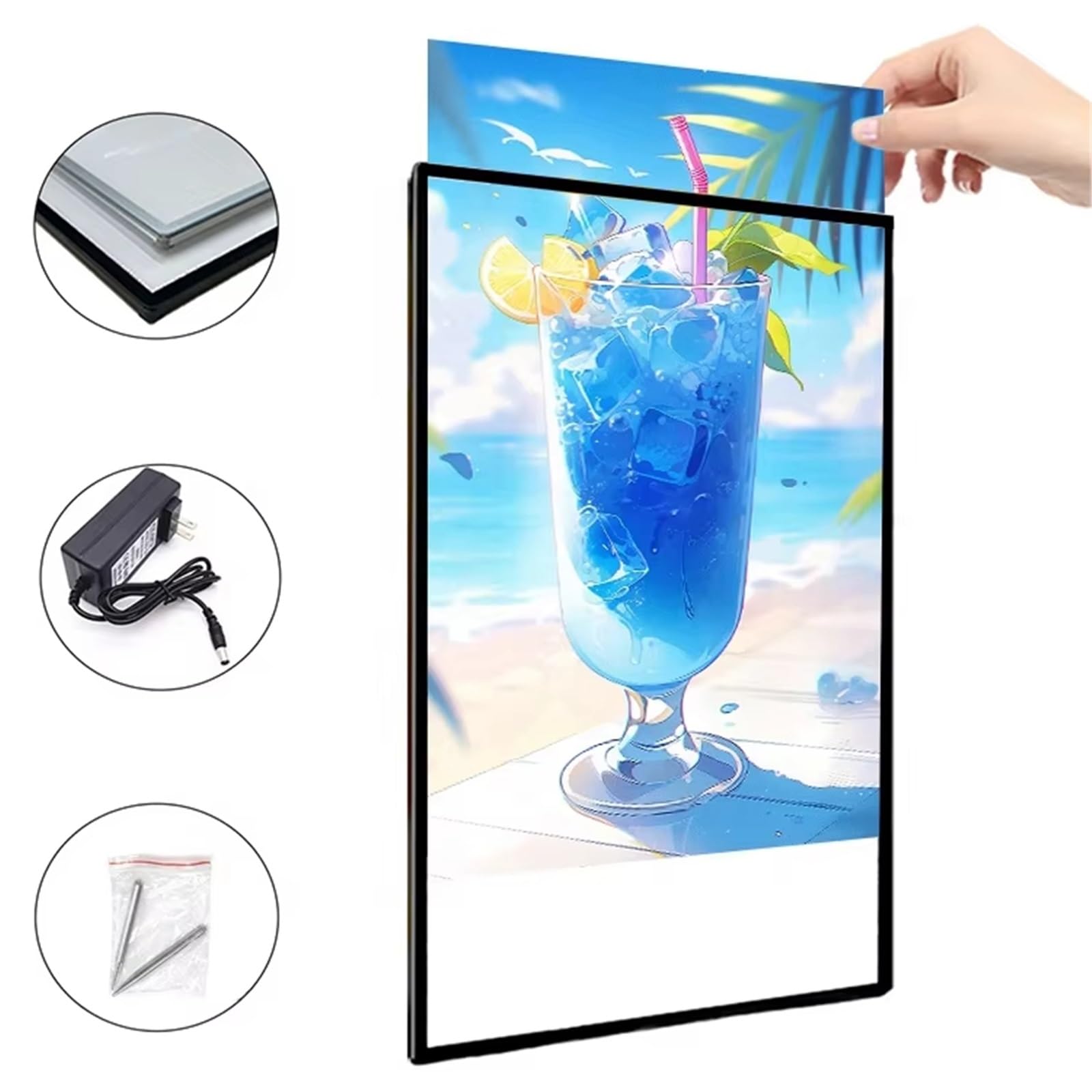 Ultradünner LED-Leuchtkasten aus gehärtetem Glas, LED-Plakatrahmen-Leuchtkasten, wandmontierter Werberahmen for den Innenbereich, hintergrundbeleuchtete Werbeplakat-Einzelhandelsmenüanzeige(Silver,A3)