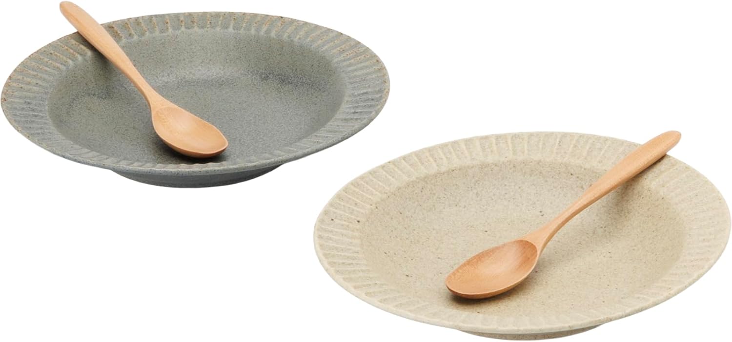 aito Seisakusho 113518 Gratte Gratter Curry Plate, Pasta Plate, Gift, Tableware Set, Approx. 9.1 x 8.7 inches (23 x 22 cm), Wooden Spoon Included, 7.1 inches (18 cm), Mino Ware, Dishwasher Safe,