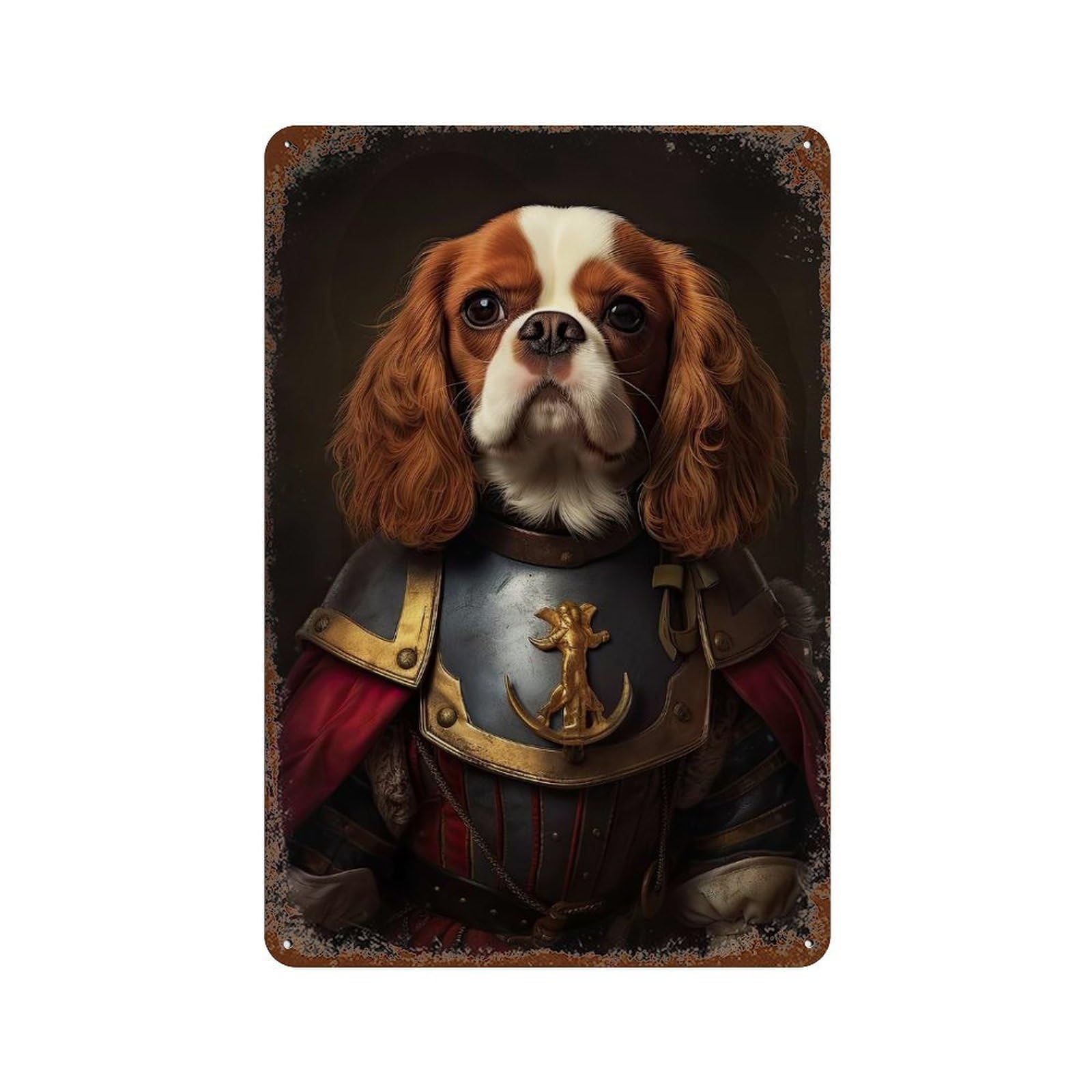 Cavalier Dog In Armor Weathered Tin Sign 11.8"x7.9", for Basement, Hobby Room And Garage Decor, Rustic Home Decor