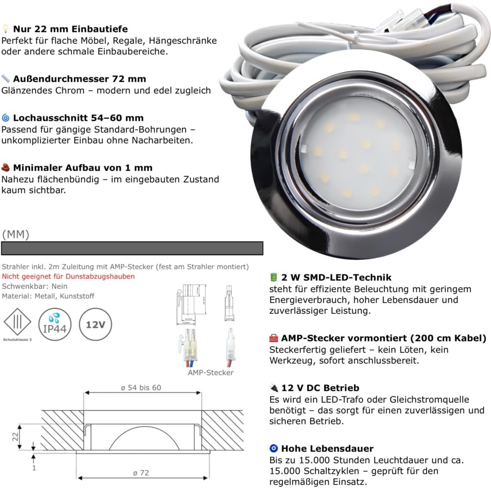 3er Set IP44 LED flache Einbaustrahler New Lina - 12V, 2,4W, Chrom, 200lm, Warmweiß (3000K), inkl. LED-Trafo mit 230V Zuleitung, Netzstecker, Schnurschalter und AMP-Verteiler, Ø 72mm, Bohrloch 54-60mm