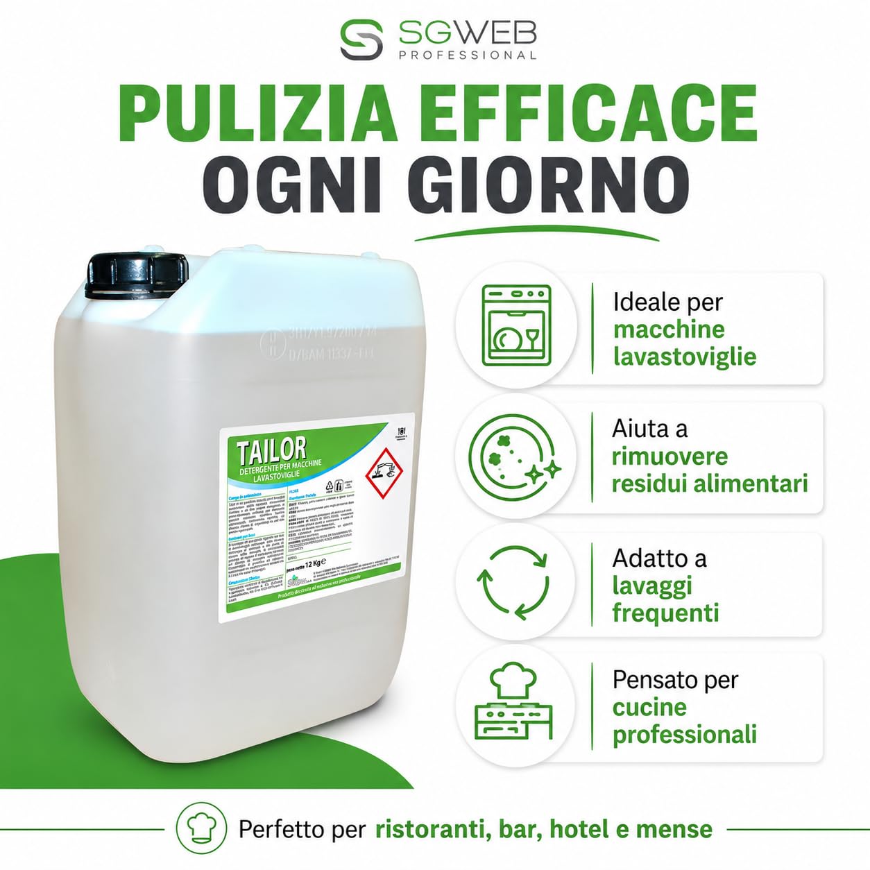 Detergente Lavastoviglie Professionale 12 kg, Detersivo Liquido per Macchine Lavastoviglie, Pulizia Stoviglie, Piatti, Bicchieri e Posate, Formato Tanica per Ristoranti e HO.RE.CA