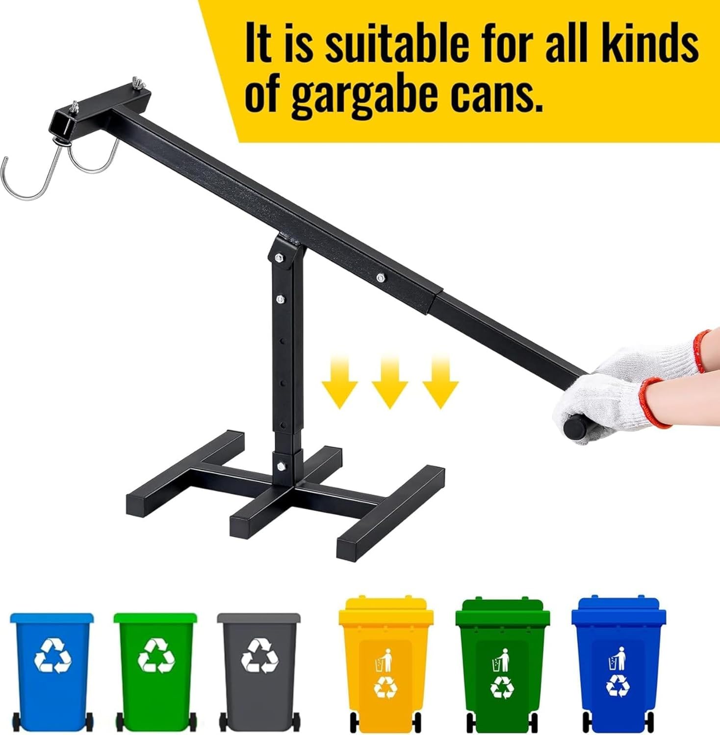 Manual Trash Can Compactor – Adjustable Touchless Handle For 25-145 Gallon Wheeled Cans, Outdoor Roadside & Commercial Bin Compactor