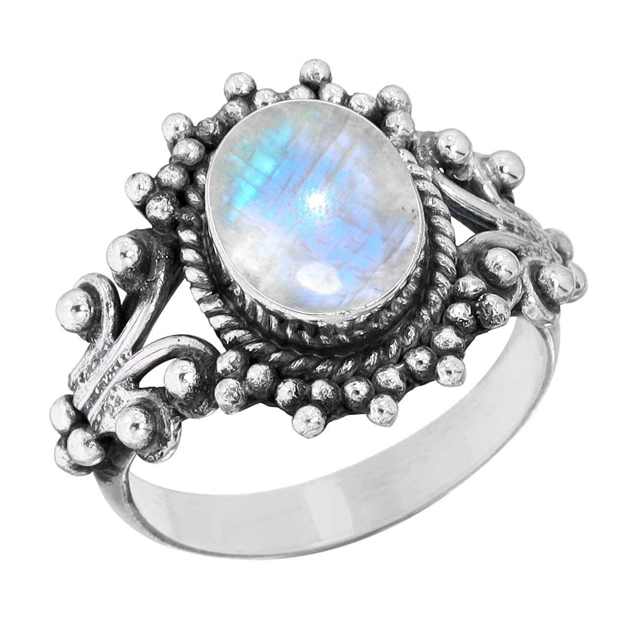 Jeweloporium Ring mit weißem Mondstein und Silberauflage, Größe 69 (22,0), 925er Silberring für Damen, natürlicher ovaler Stein, Boho-Schmuck