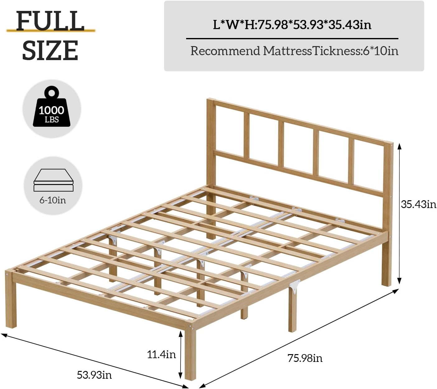 Bamboo Bed Frame Full Size with Headboard Platform Bedframe Solid Stablewith Non-Slip Slats Support Tall Bed No Box Spring Needed Heavy Duty Easy Assembly Noise Free Nature - Image 2
