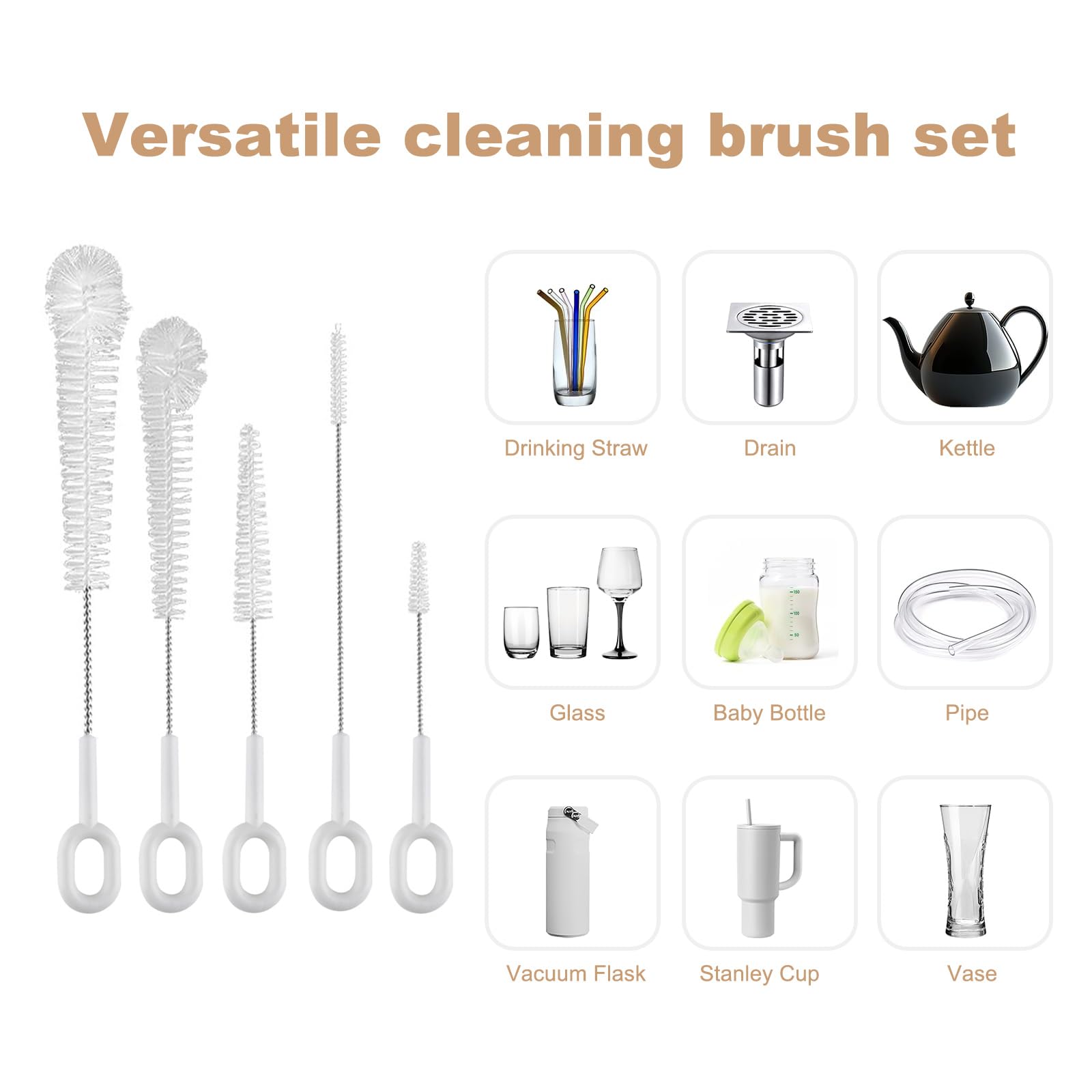 5 Size Bottle Cleaning Brush Set (5 Pack) with Hanging Ring, Scratch-Free Nylon Bristles for Bottles Straws, Teapot Spouts & Cups - Image 3