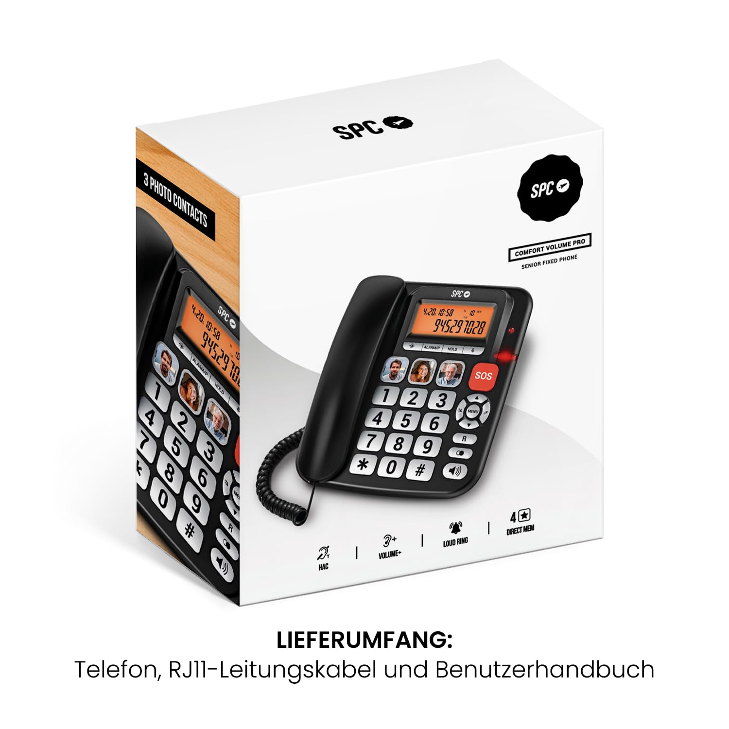 SPC Comfort Volume Pro - Senioren-Festnetztelefon mit großen Tasten, lautem Klingeln + beleuchtetem Display | Verstärkbare Anruflautstärke +20dB | Direktspeicher, SOS und hörgerätekompatibel – Schwarz