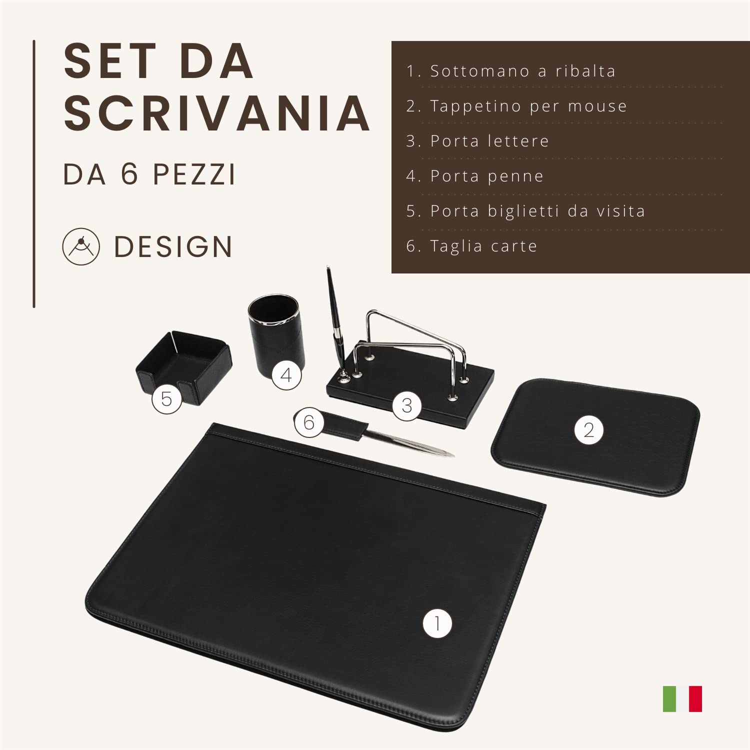 Set da Scrivania 6 Pezzi Pelle Pieno Fiore Fatto a Mano in Italia Nero