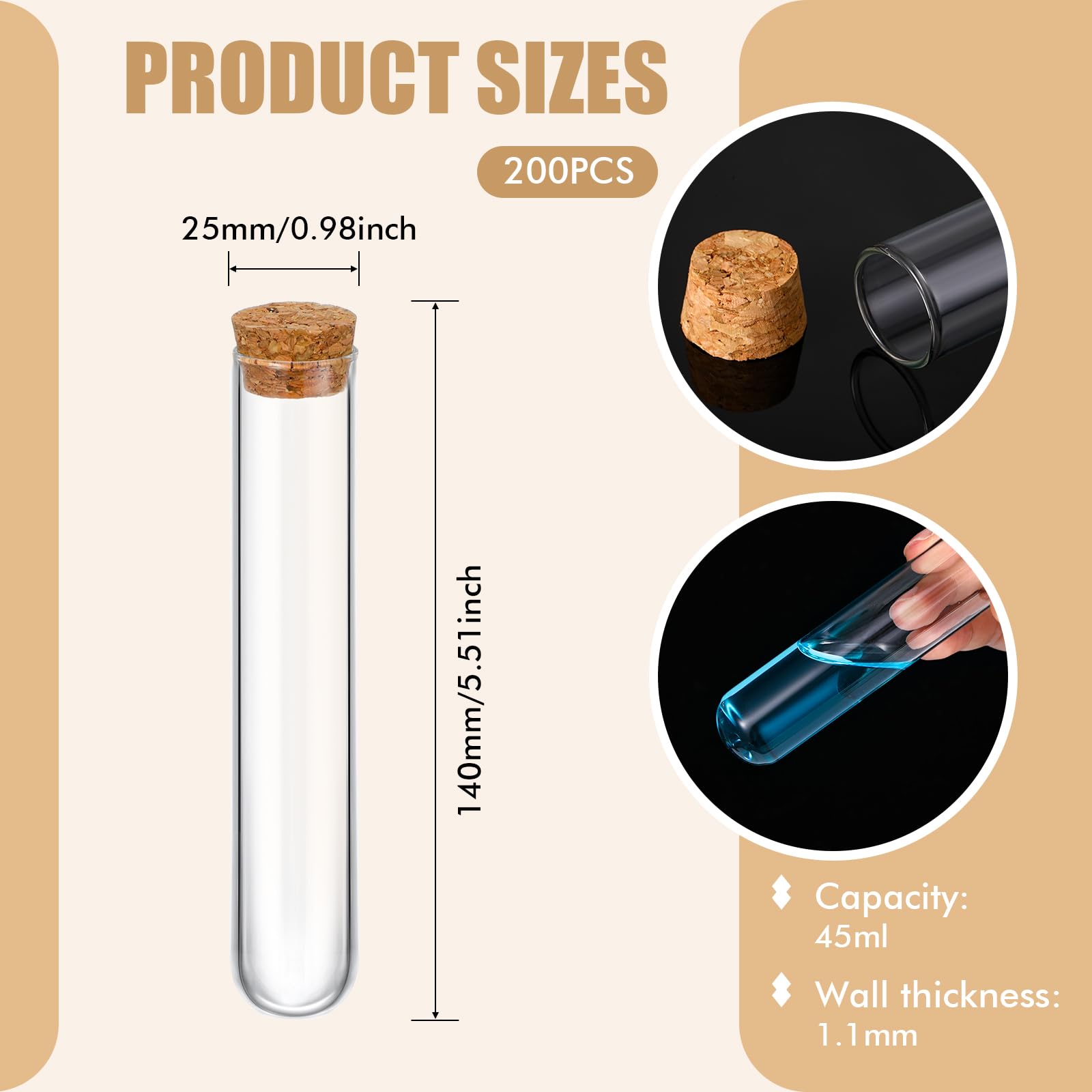 Thyle 100 tubos de ensayo de cristal de 45 ml con tapón de corcho, 25 x 140 mm, fondo redondo, para pruebas de laboratorio, almohadillas de alcohol, recipientes para plantas, experimentos científicos