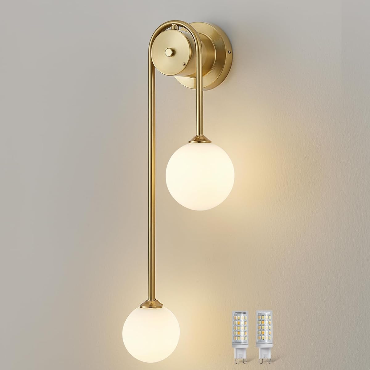 Golden Wall lamp Double Ball, mid-Century Modern Glass Wall sconces,with G9 Tricolor Bulb for Living Room Bedroom Bedside Stairs Restaurant Bathroom Corridor Aisle Lighting(1pack)